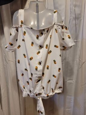 Girls White Pineapple Print Cold-Shoulder Top